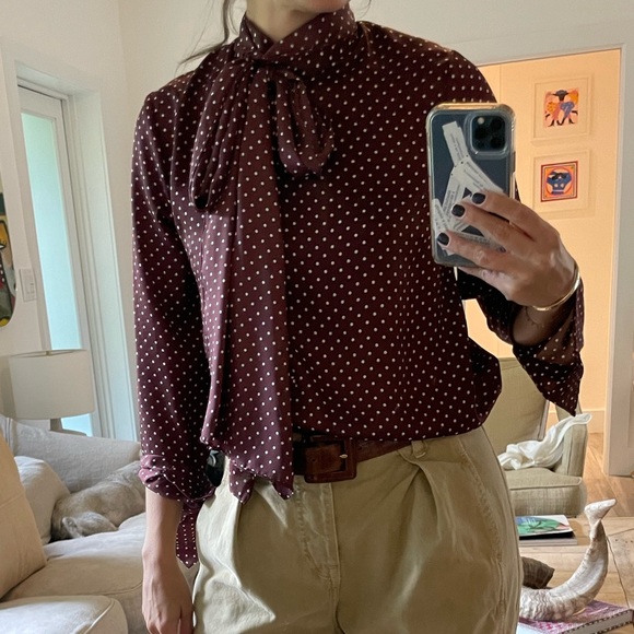 Zara burgundy and ivory polka dot long sleeve blouse - Picture 6 of 9